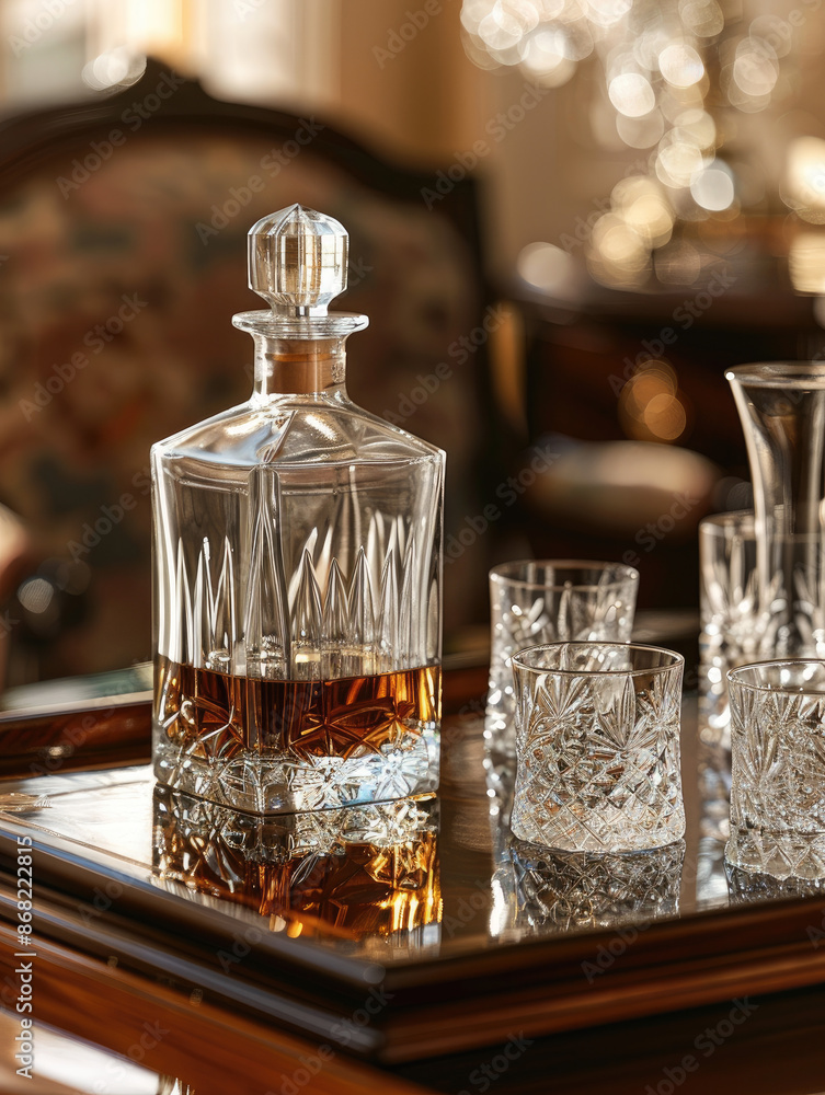 A whiskey decanter and glasses on a tray in a luxurious setting A whiskey decanter and glasses on a tray in a luxurious setting