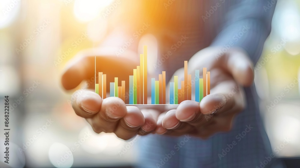 A businessperson's hands presenting a digital bar graph, symbolizing data analysis, growth, and business success. A businessperson's hands presenting a digital bar graph, symbolizing data analysis, growth, and business success.
