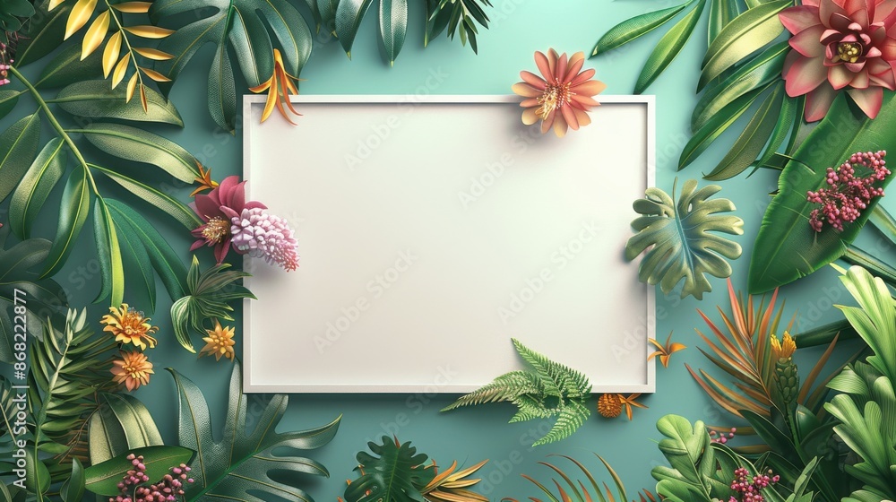 Tropical background with white frame surrounded by exotic leaves and flowers, perfect for summer or nature-themed designs. Tropical background with white frame surrounded by exotic leaves and flowers, perfect for summer or nature-themed designs.