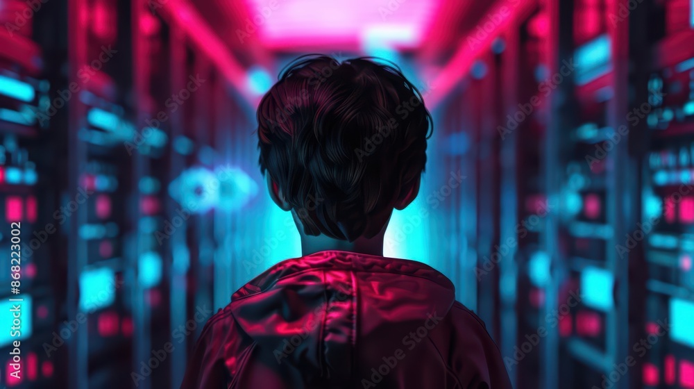A conceptual art piece of a cyber kid exploring a neonlit virtual world with advanced gadgets with copy space A conceptual art piece of a cyber kid exploring a neonlit virtual world with advanced gadgets with copy space