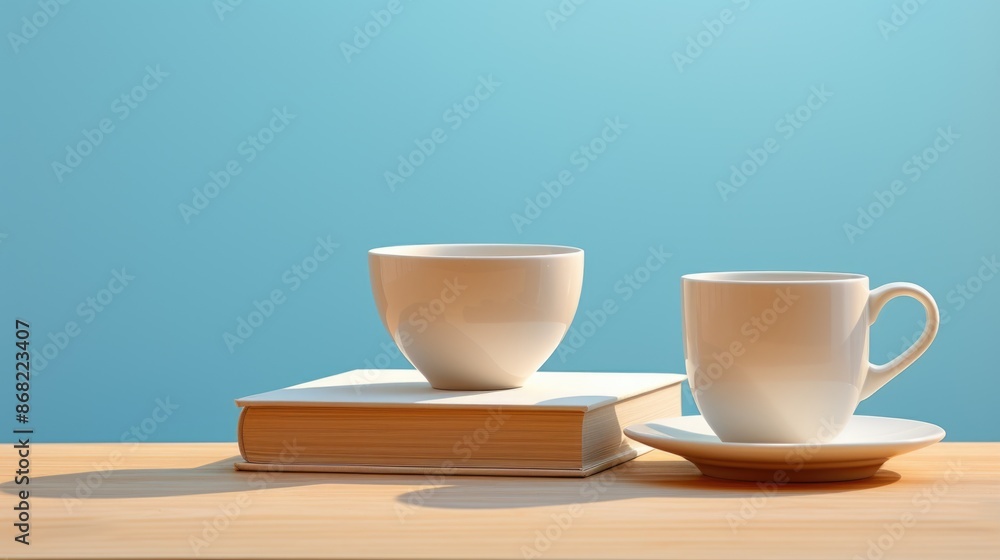 Cozy Morning Setup with Coffee Cups and Book on Wooden Table Cozy Morning Setup with Coffee Cups and Book on Wooden Table