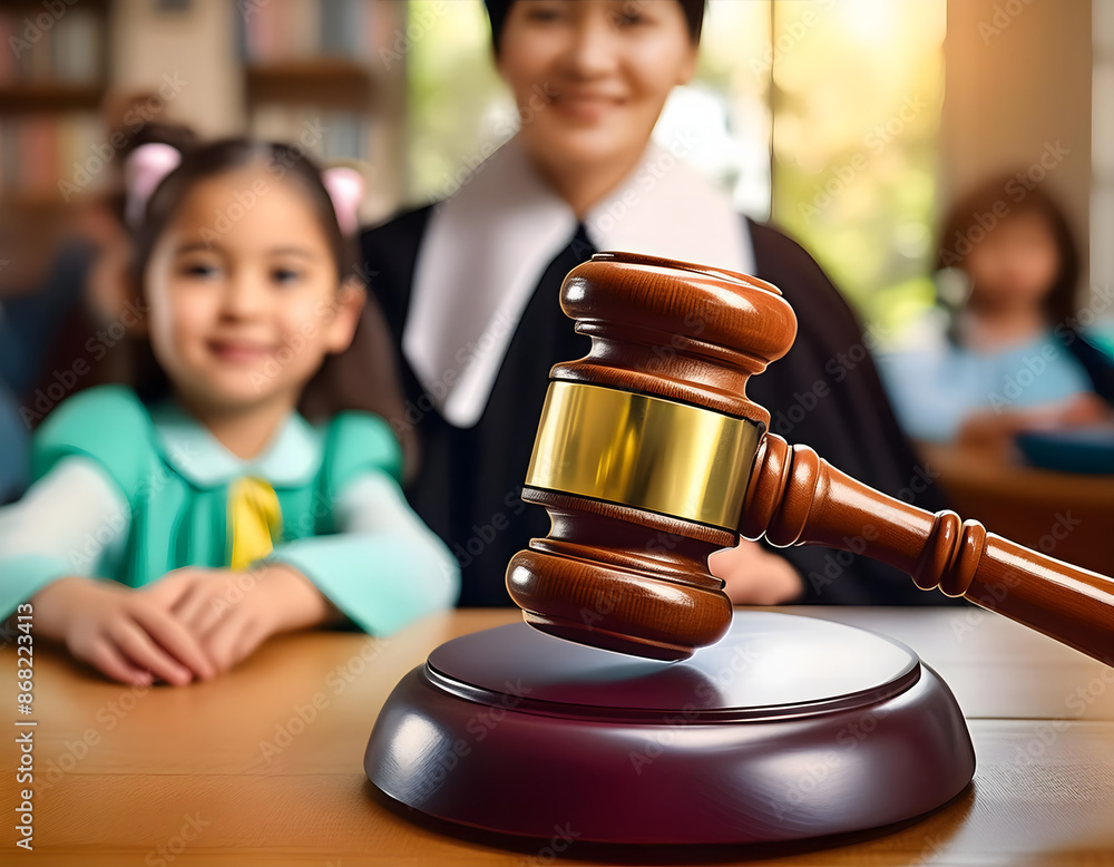 Close up of a legal judge's hammer with a blurred child in the background. Child custody co_1(85) Close up of a legal judge's hammer with a blurred child in the background. Child custody co_1(85)