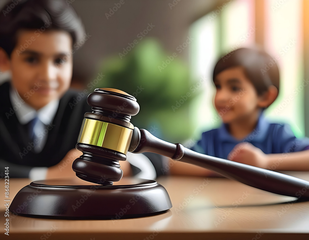 Close up of a legal judge's hammer with a blurred child in the background. Child custody co_1(86) Close up of a legal judge's hammer with a blurred child in the background. Child custody co_1(86)