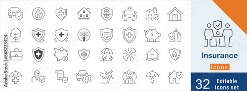 Insurance Black and White editable Outline Style Icons Set