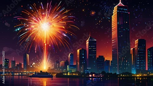 vibrant Art Illustration capturing the explosive beauty of fireworks against a city skyline at night © Arief
