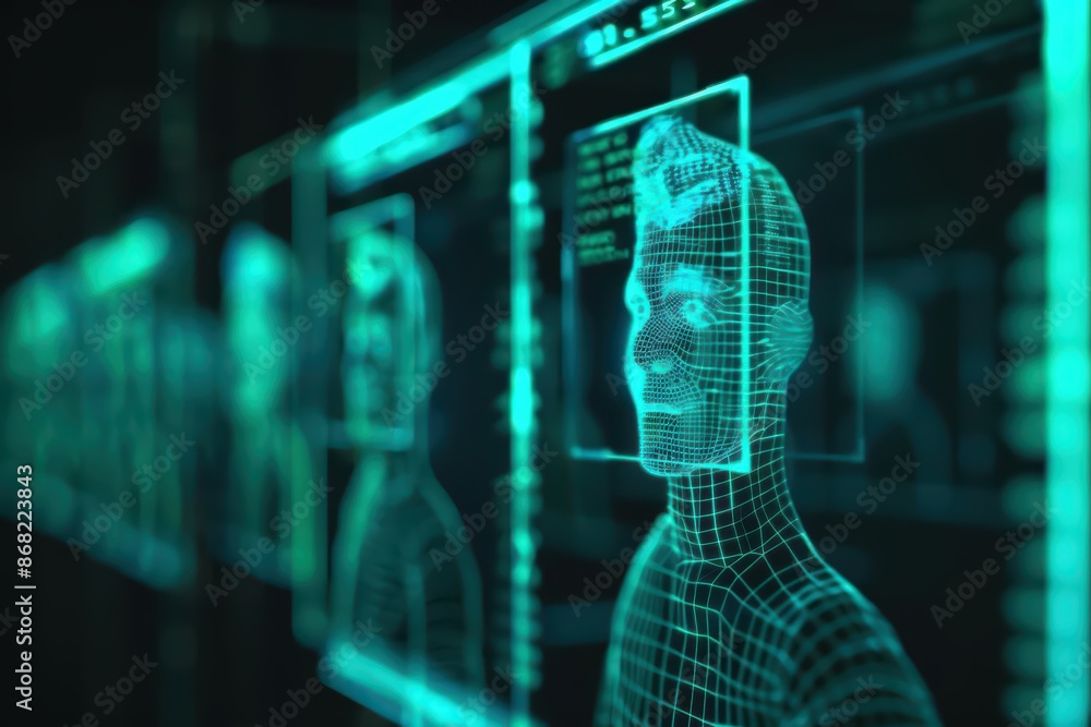 A digital landscape showcasing a cyber trial with avatars and interactive holographic witnesses with copy space A digital landscape showcasing a cyber trial with avatars and interactive holographic witnesses with copy space