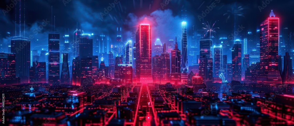 A futuristic celebration of July 4th with holographic fireworks illuminating a hightech cityscape with copy space A futuristic celebration of July 4th with holographic fireworks illuminating a hightech cityscape with copy space