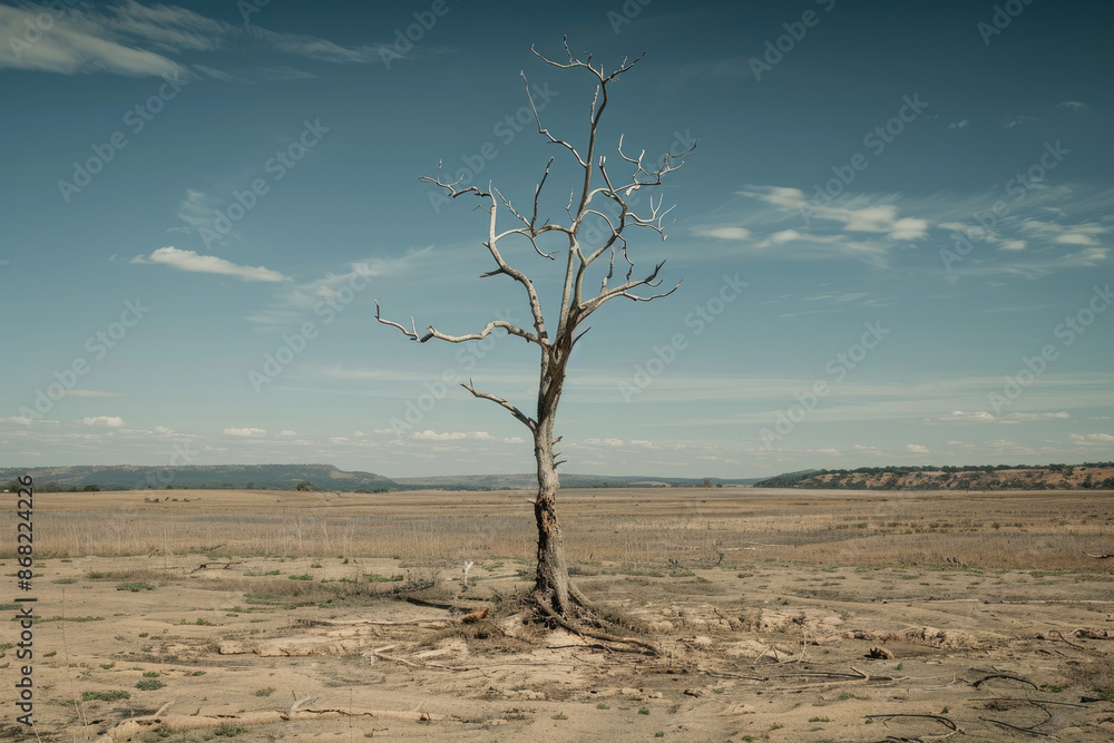 A lonely withered tree in a desolate landscape signifies environmental destruction A lonely withered tree in a desolate landscape signifies environmental destruction