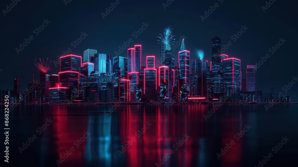 Fototapeta premium A futuristic cityscape illuminated by holographic fireworks celebrating Independence Day with copy space