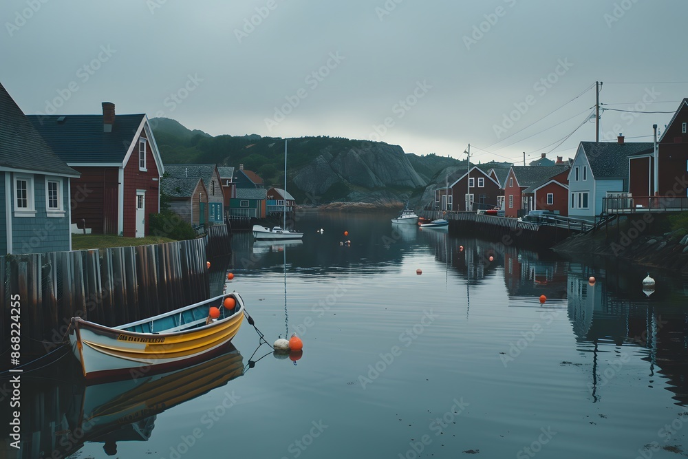 Peaceful Harbor with a Rowboat and Houses Peaceful Harbor with a Rowboat and Houses
