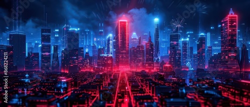 A futuristic celebration of July 4th with holographic fireworks illuminating a hightech cityscape with copy space