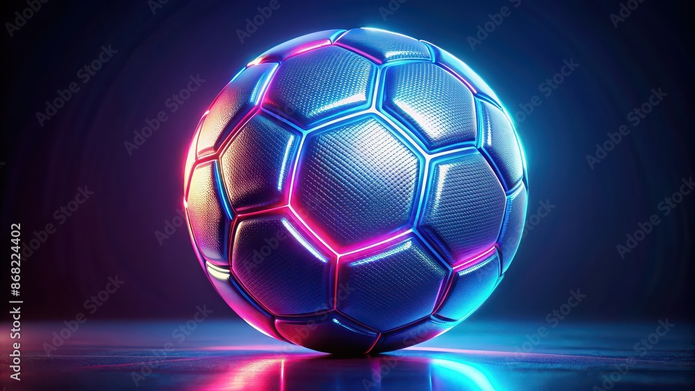 Naklejka premium Panoramic rendering of a futuristic neon style soccer ball, futuristic,rendering, neon, style, soccer ball, sports