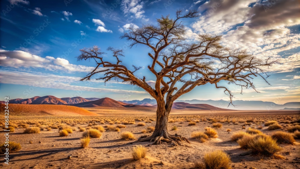 Desolate landscape featuring a lone, barren dry thorn tree with twisted ...