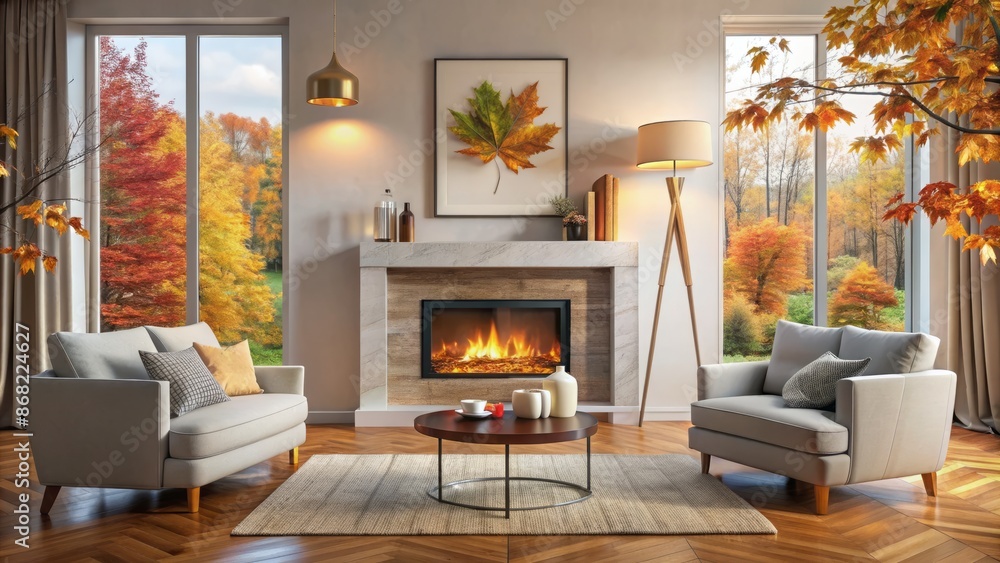 Cozy minimalist living room with Scandinavian-style digital single frame mockup on fireplace surrounded by autumnal leaf reflections calmly. Cozy minimalist living room with Scandinavian-style digital single frame mockup on fireplace surrounded by autumnal leaf reflections calmly.