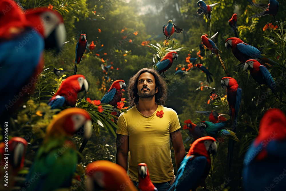 Obraz premium Man standing in a clearing, surrounded by a flock of colorful parrots. Generative AI