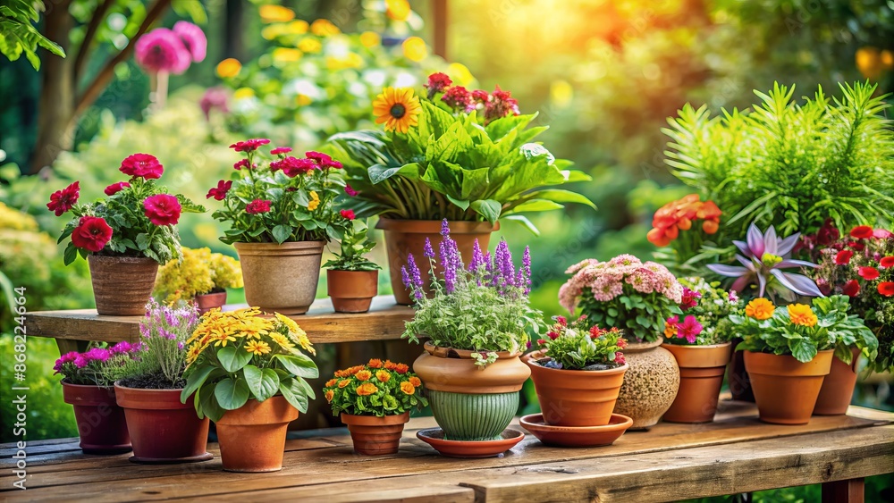 Colorful potted plants with varied foliage and blooms sit on a rustic wooden table amidst a lush green outdoor setting. Colorful potted plants with varied foliage and blooms sit on a rustic wooden table amidst a lush green outdoor setting.