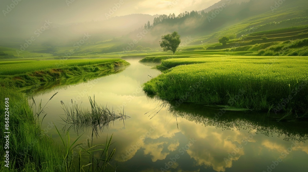 Obraz premium Peaceful Countryside Landscape with Lush Fields, Rolling Hills, and Serene Atmosphere