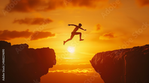 A man jumping over cliff on sunset background. Business concept idea for 