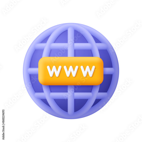 World wide web symbol. Internet, globe hyperlink, browser icon. Globe with www sign. 3d vector. Cartoon minimal style.