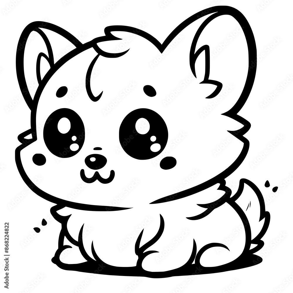 A cute cartoon corgi with big, sparkling eyes and a small tail, outlined in black and white.
A cute cartoon corgi with big, sparkling eyes and a small tail, outlined in black and white.