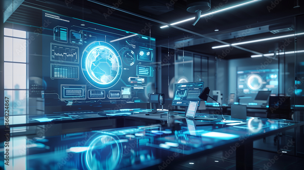 Futuristic Digital Workspace with Advanced Technology Gadgets and Digital Screens Futuristic Digital Workspace with Advanced Technology Gadgets and Digital Screens