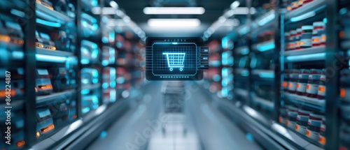 Wallpaper Mural A futuristic marketplace with holographic displays of products and virtual shopping carts with copy space Torontodigital.ca