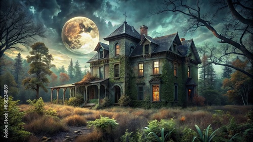 Foreboding derelict mansion stands amidst overgrown foliage, looming beneath a haunting full moon sky on a dark and spooky Halloween night.