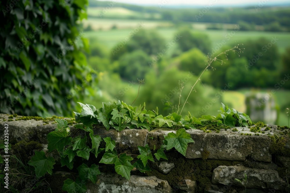 Ancient ruins partially covered with ivy, with a softly blurred background of a green landscape