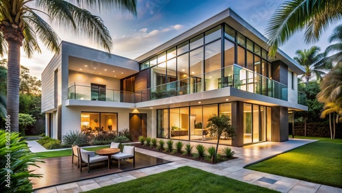 Modern Miami residence boasts sleek two-story design with vast glass windows, open floor plan, and serene courtyard garden oasis. photo