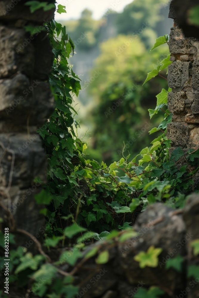 Ancient ruins partially covered with ivy, with a softly blurred background of a green landscape Ancient ruins partially covered with ivy, with a softly blurred background of a green landscape