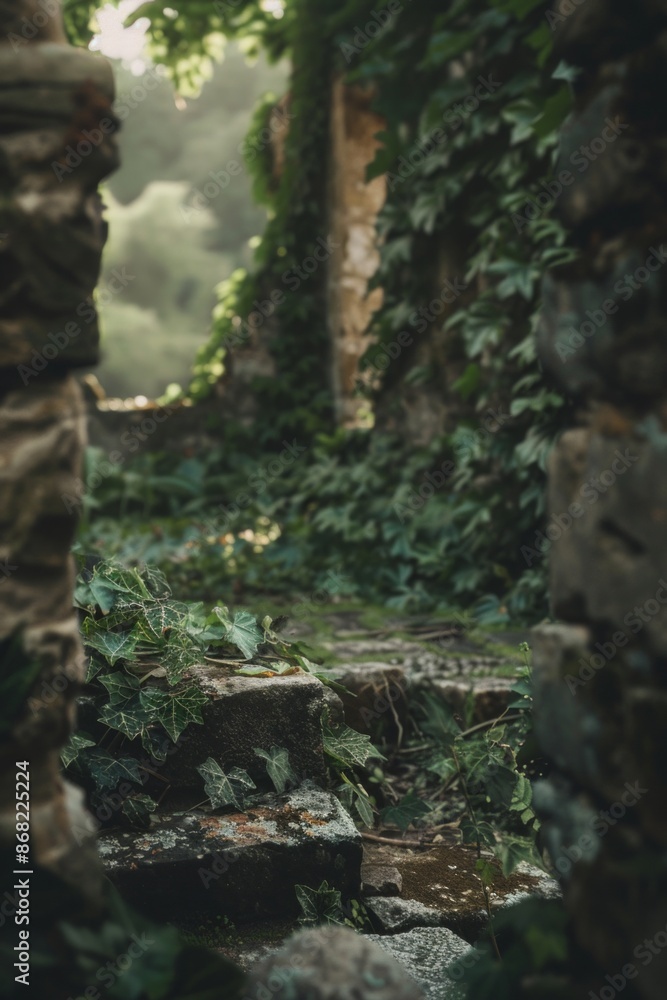 Ancient ruins partially covered with ivy, with a softly blurred background of a green landscape Ancient ruins partially covered with ivy, with a softly blurred background of a green landscape
