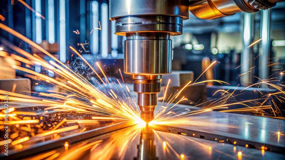High-tech industrial CNC machine in action, sparks flying amidst motion blur, precise metal cutting process, futurist manufacturing environment. High-tech industrial CNC machine in action, sparks flying amidst motion blur, precise metal cutting process, futurist manufacturing environment.