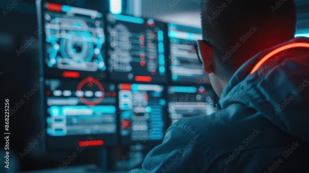 A futuristic workshop where a cyber engineer is designing holographic blueprints with copy space