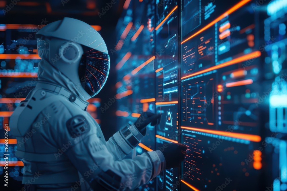 A hightech environment where cyber scientists analyze data through augmented reality interfaces with copy space A hightech environment where cyber scientists analyze data through augmented reality interfaces with copy space