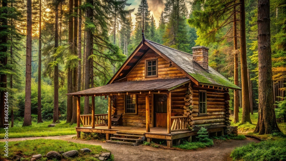 Rustic cabin in the woods with a cozy porch, nestled in serene forest surroundings , cabin, woods, porch, rustic, cozy Rustic cabin in the woods with a cozy porch, nestled in serene forest surroundings , cabin, woods, porch, rustic, cozy
