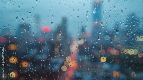 raindrops on a window, each droplet reflecting the muted colors of a rainy day