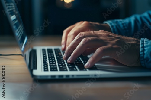 Man using laptop computer accessing applications or login Internet network. digital technology cybersecurity password protect background photo