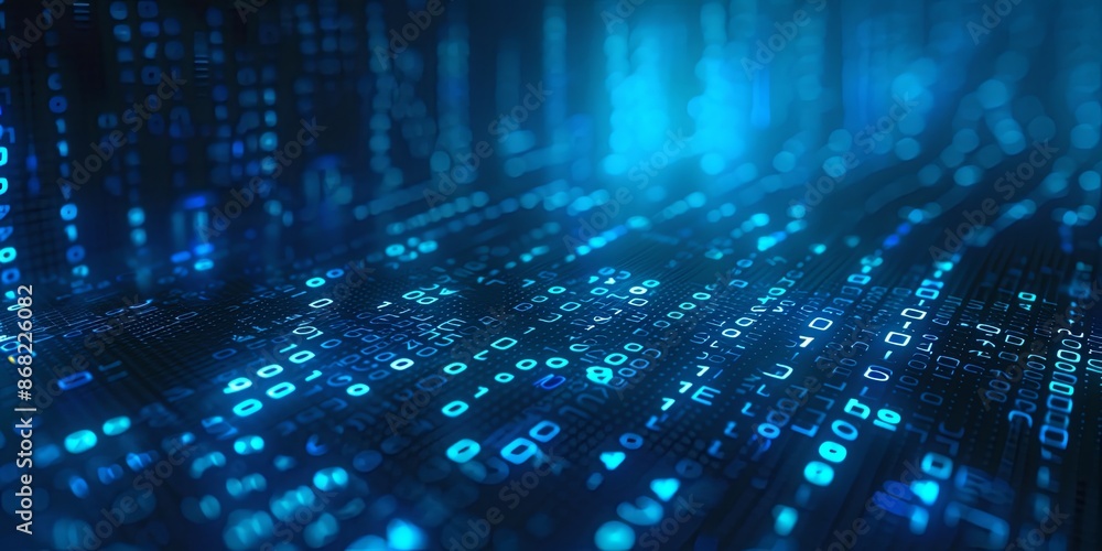 Futuristic technology background of binary code flowing in digital space. Concept of big data, cybersecurity, programming, and software development Futuristic technology background of binary code flowing in digital space. Concept of big data, cybersecurity, programming, and software development