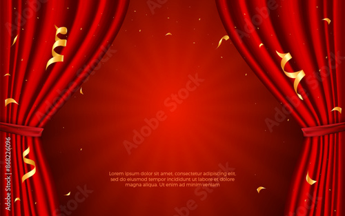 Stage background with realistic 3d red show curtains, theater scene vector background with golden confetti.