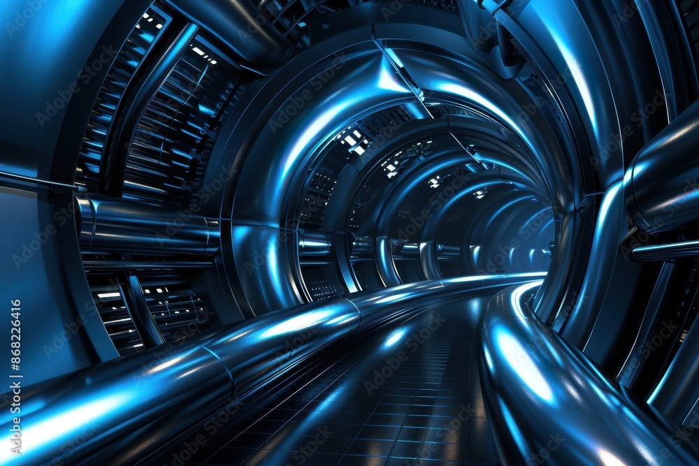 Futuristic metallic tunnel with blue lights, perfect for technology, science fiction, or abstract backgrounds. Futuristic metallic tunnel with blue lights, perfect for technology, science fiction, or abstract backgrounds.