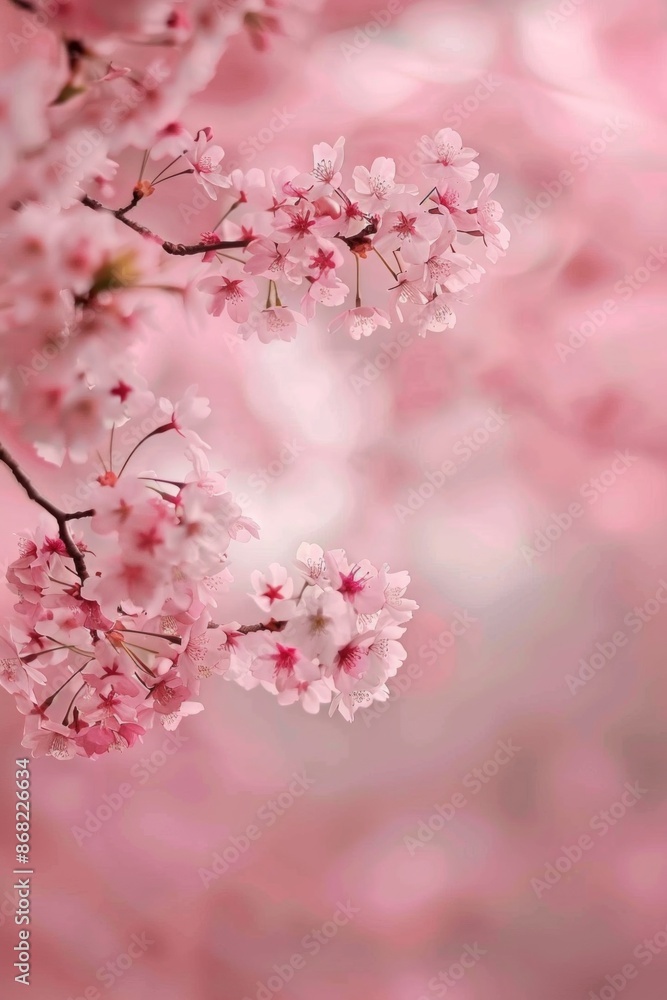 Fototapeta premium Cherry blossoms in full bloom on branches, with a softly blurred background of a springtime park. 