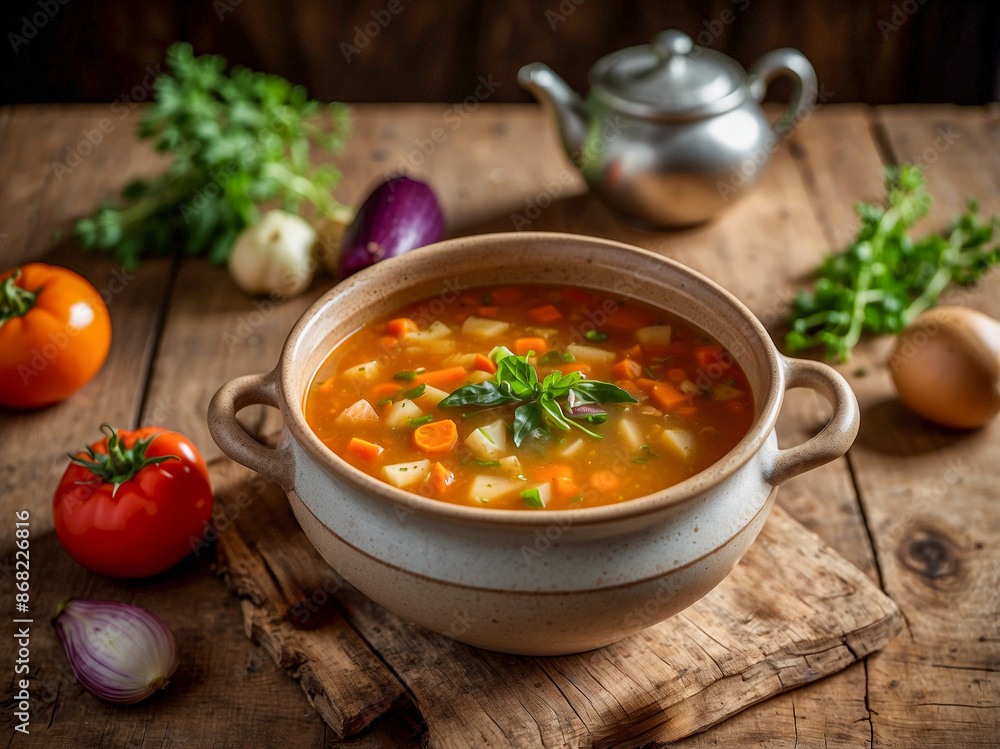 Hearty & Wholesome: Vegetable Soup on a Rustic Table Hearty & Wholesome: Vegetable Soup on a Rustic Table