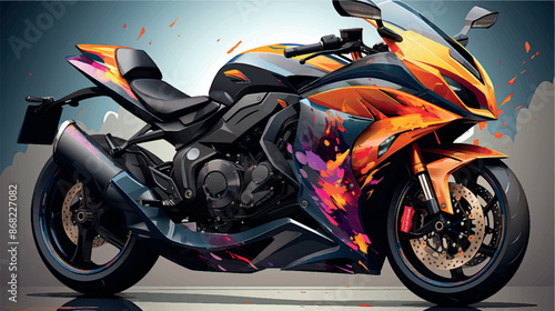  Colorful 3D model of a motorcycle. Motorcycle poster illustration. Moto art. Motorcycle printing on T-shirts, clothing, fabric, paper, stationery. Rent, purchase, category A license.