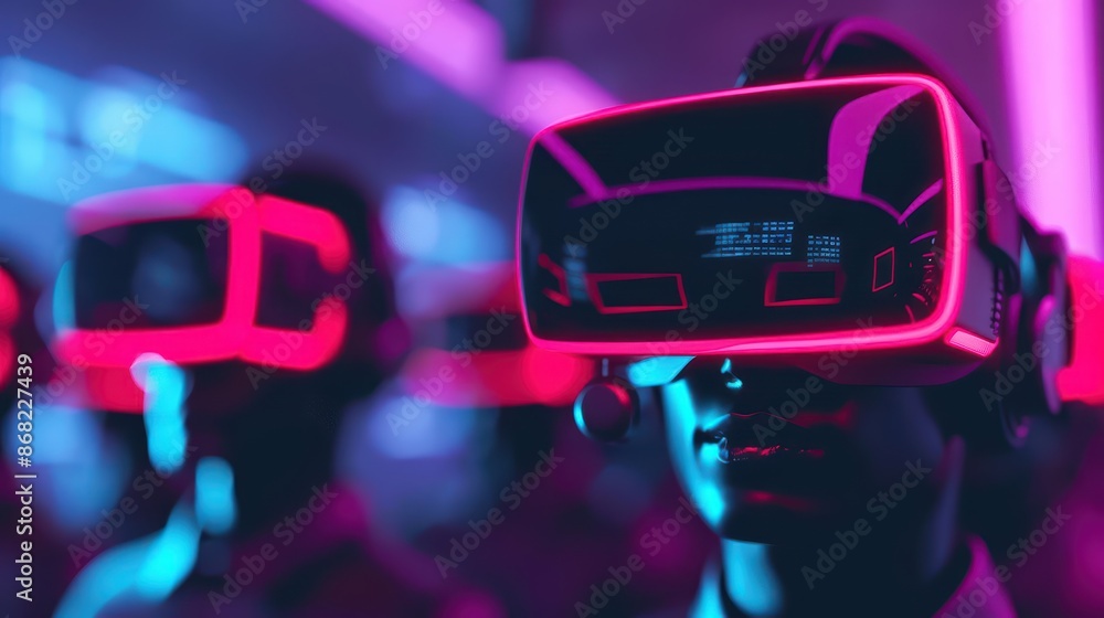 Conceptual cyber workspace featuring virtual reality meetings and seamless digital teamwork with copy space Conceptual cyber workspace featuring virtual reality meetings and seamless digital teamwork with copy space