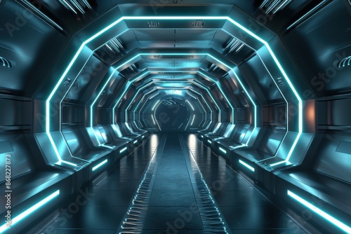 Futuristic spaceship hallway with blue neon lights, perfect for science fiction backgrounds. Concepts. technology, future, space travel, spaceship interior