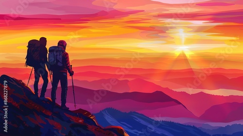 Couple of hikers standing at the top of a mountain with backpacks, enjoying a beautiful sunset landscape during summer. Adventurous trekking and traveling concept in vibrant sunset colors showcasing 