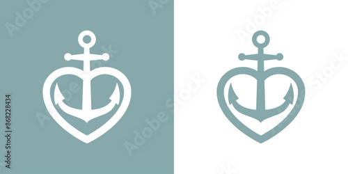Logo nautical. Silueta de ancla de barco con corazón con líneas