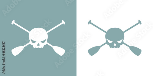 Símbolo pirata. Logo nautical. Silueta de calavera humana con expresión enojada sobre remos cruzados de kayak, canoa o paddle surf