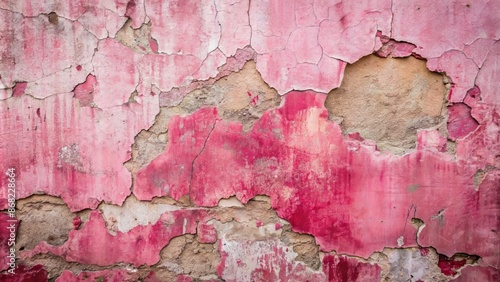 Weathered, distressed, faded pink concrete wall surface with deep cracks, rough texture, and subtle peeling paint for urban grunge atmosphere. photo
