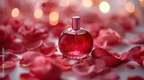 Red perfume bottle on rose petals arranged in a heart shape. Red ribbon